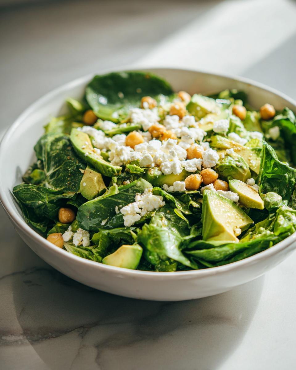 Close-up of a vibrant Avocado Feta Chickpea Bowl featuring spinach, avocado chunks, feta cheese, and chickpeas.