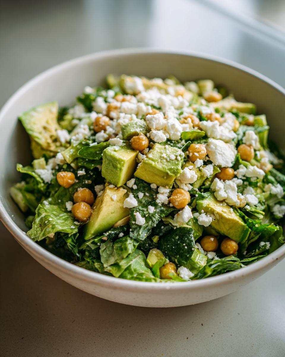A close-up of a fresh Avocado Feta Chickpea Bowl featuring chopped avocado, crumbled feta, and roasted chickpeas over greens.