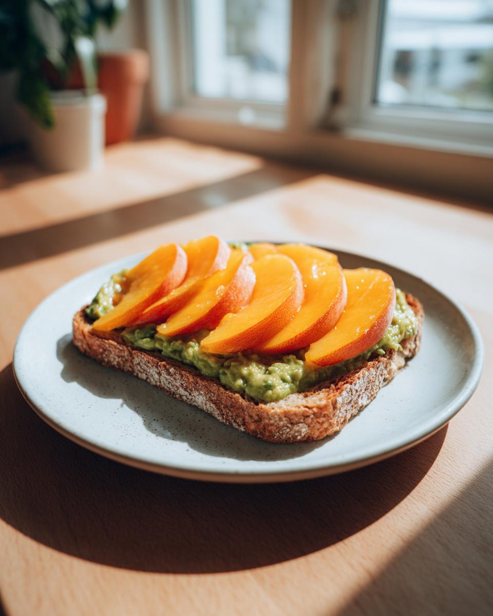A slice of Avocado Peach Toast featuring mashed avocado and bright orange peach slices on toasted whole grain bread.