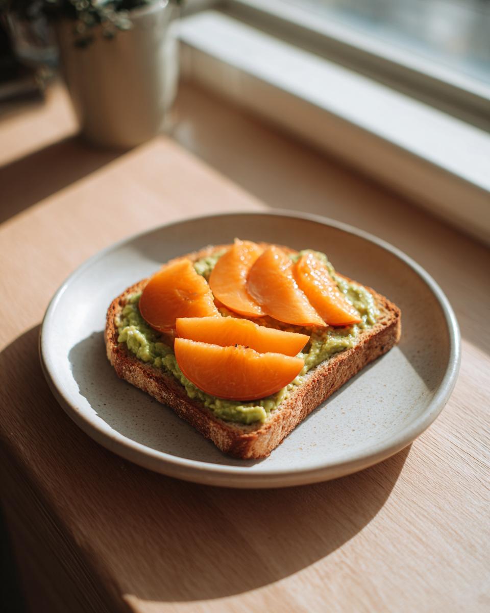A slice of Avocado Peach Toast topped with bright orange peach slices on a speckled plate.