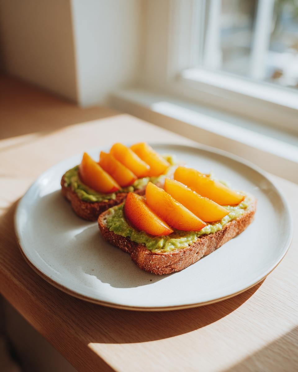 Two slices of toasted bread topped with mashed avocado and bright orange peach slices, ready for Avocado Peach Toast.