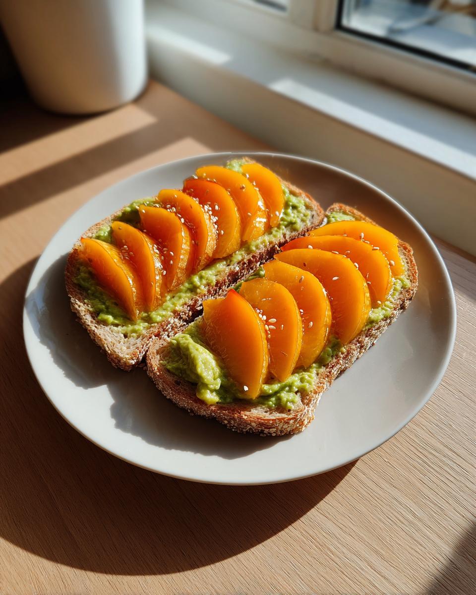 Two slices of Avocado Peach Toast topped with mashed avocado and bright orange peach slices, sprinkled with sesame seeds.