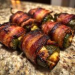 Close-up of freshly grilled Bacon Wrapped Grilled Pineapple Jalapeno Poppers with crispy bacon.