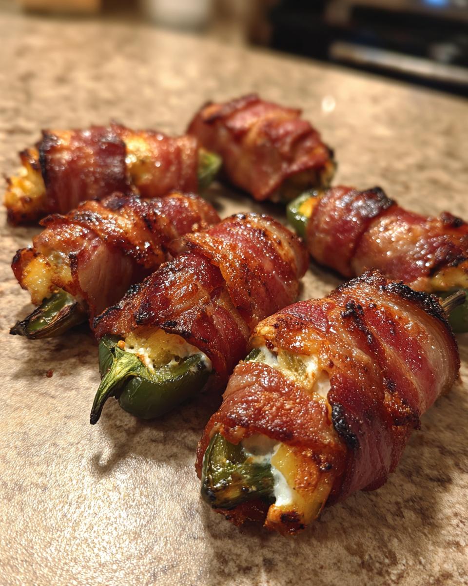 Close-up of grilled Bacon Wrapped Pineapple Jalapeno Poppers stuffed with cheese on a countertop.