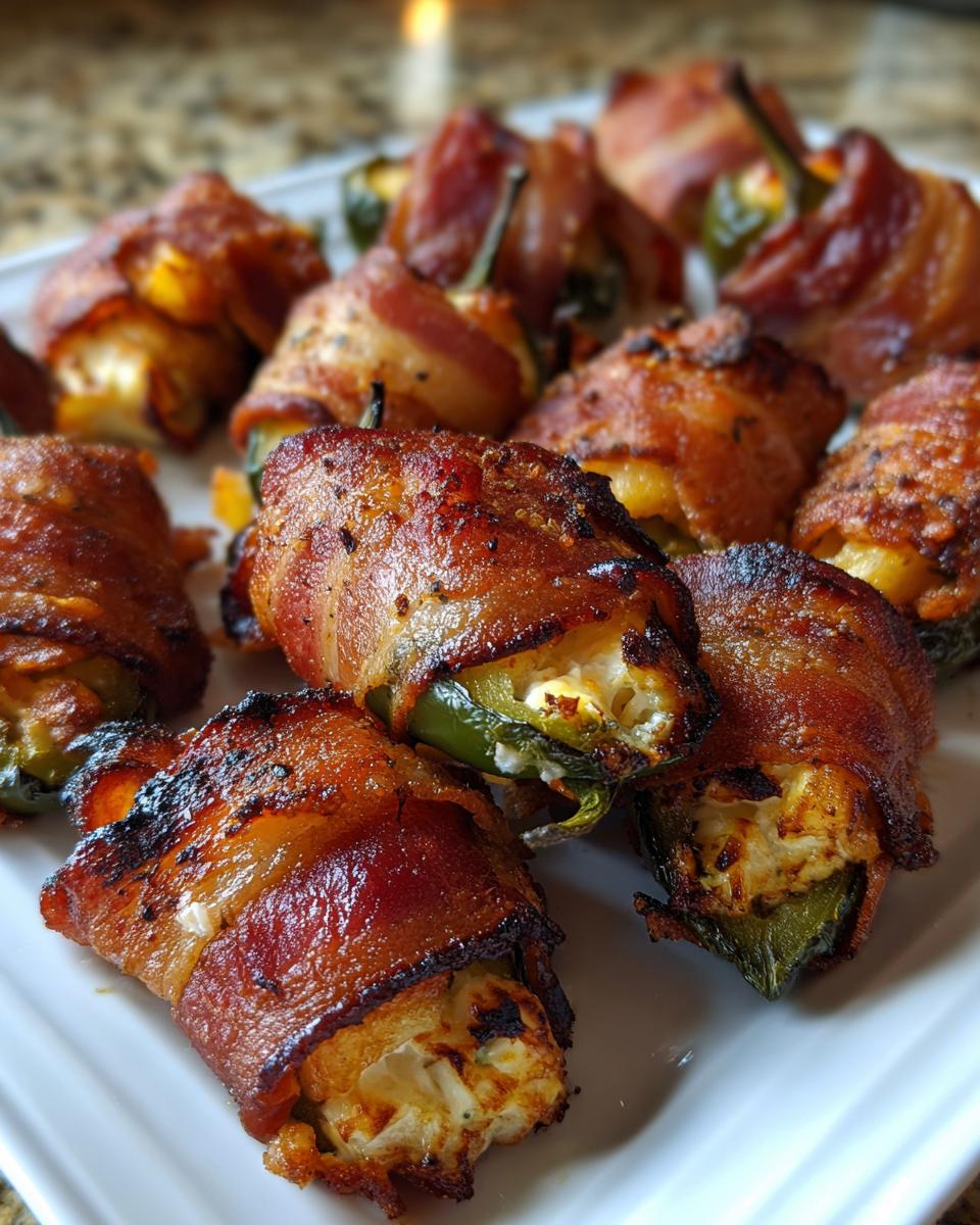 Close-up of perfectly grilled Bacon Wrapped Grilled Pineapple Jalapeno Poppers on a white plate.