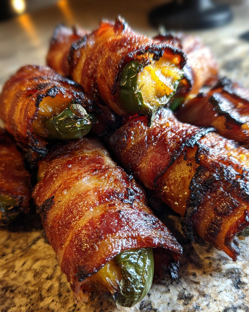 A close-up stack of perfectly grilled Bacon Wrapped Grilled Pineapple Jalapeno Poppers with crispy, caramelized bacon.