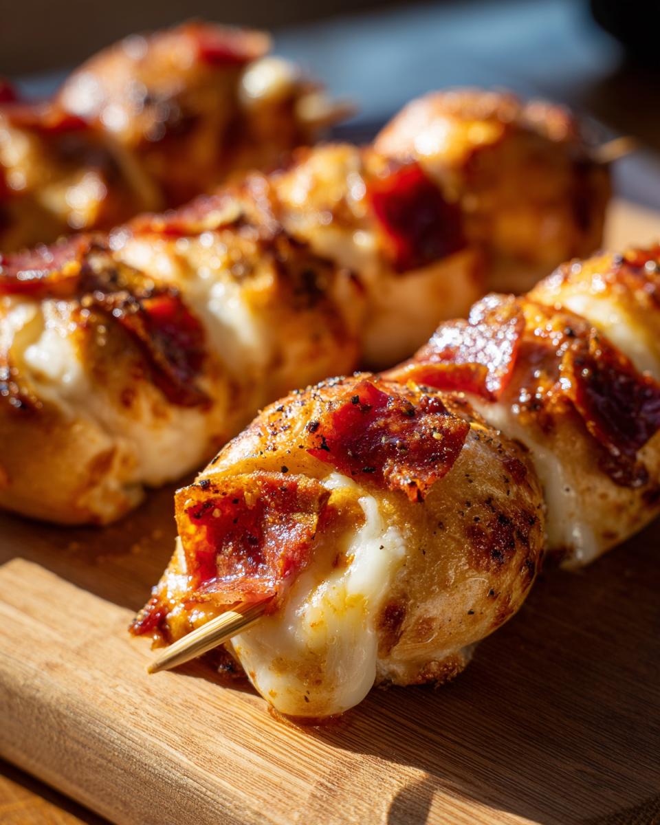 Close-up of hot Bagel Bite Skewers with melted mozzarella cheese oozing out, wrapped in pepperoni.