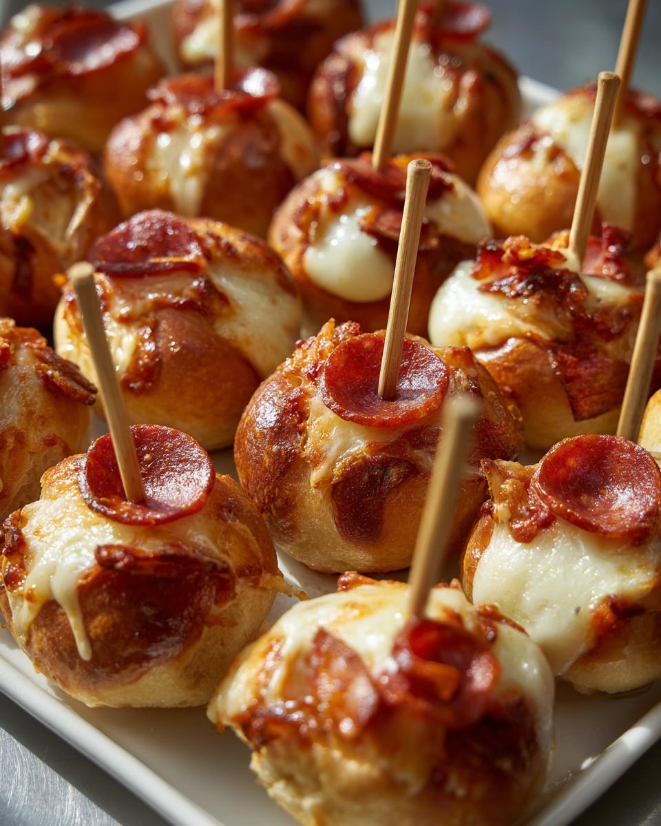 Close-up of baked pepperoni Bagel Bite Skewers topped with melted cheese, held together with wooden toothpicks.
