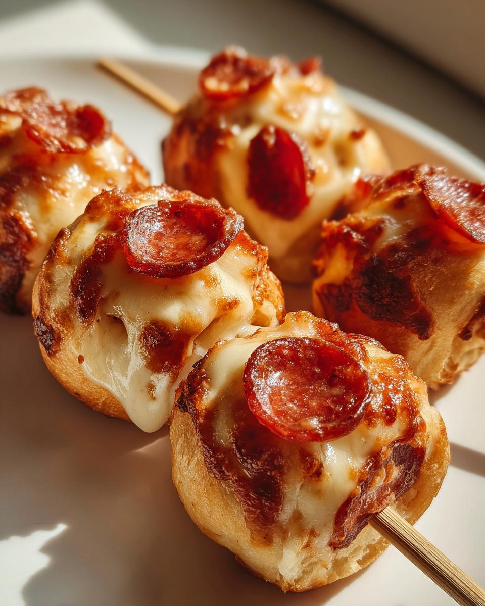 Five warm Bagel Bite Skewers topped with melted mozzarella cheese and pepperoni slices, served on a white plate.