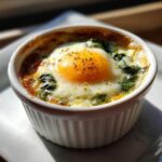 Close-up of a single serving of Baked Eggs Florentine with a bright orange yolk, served in a white ramekin.