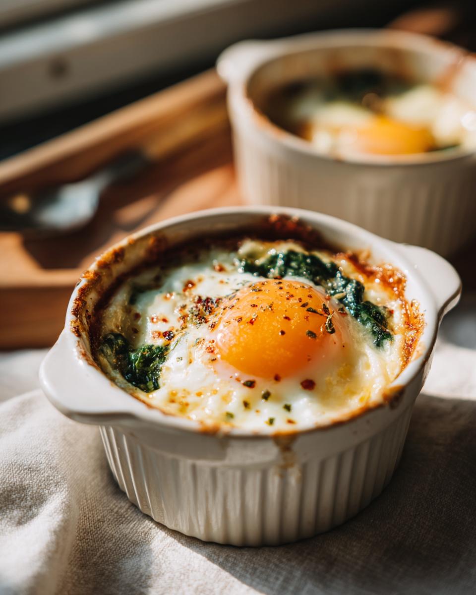 Close-up of a single serving of Baked Eggs Florentine with a bright orange yolk, spinach, and seasoning in a white fluted ramekin.