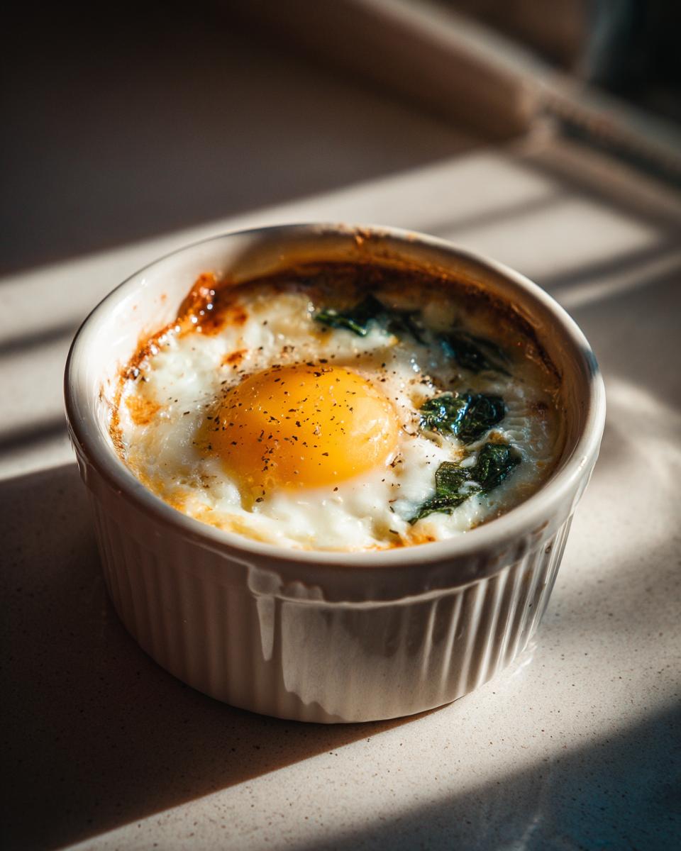 Close-up of a single serving of Baked Eggs Florentine with a bright yellow yolk and wilted spinach in a white ramekin.