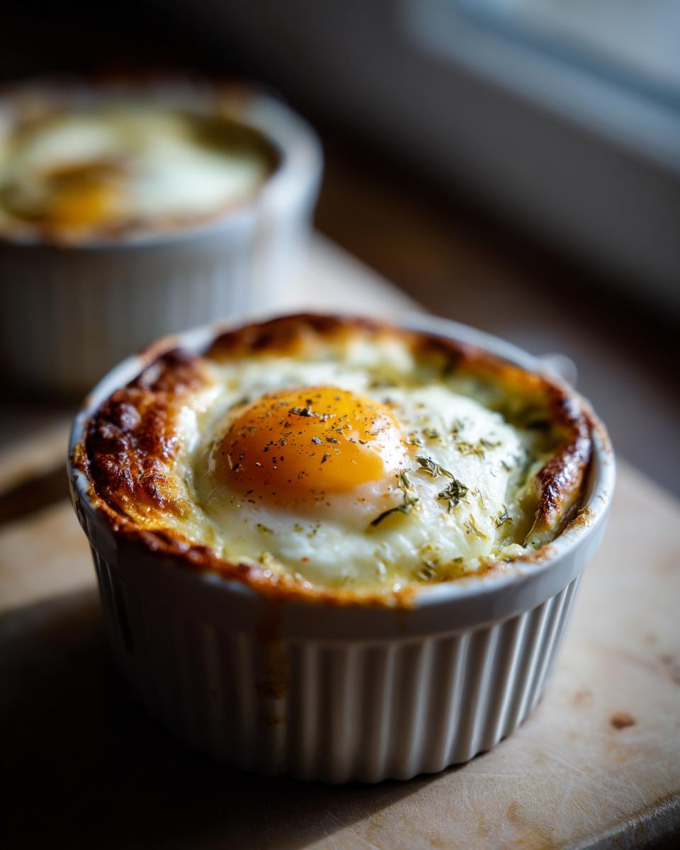 Close-up of a perfectly baked egg in a white ramekin, part of the Baked Eggs Florentine recipe.