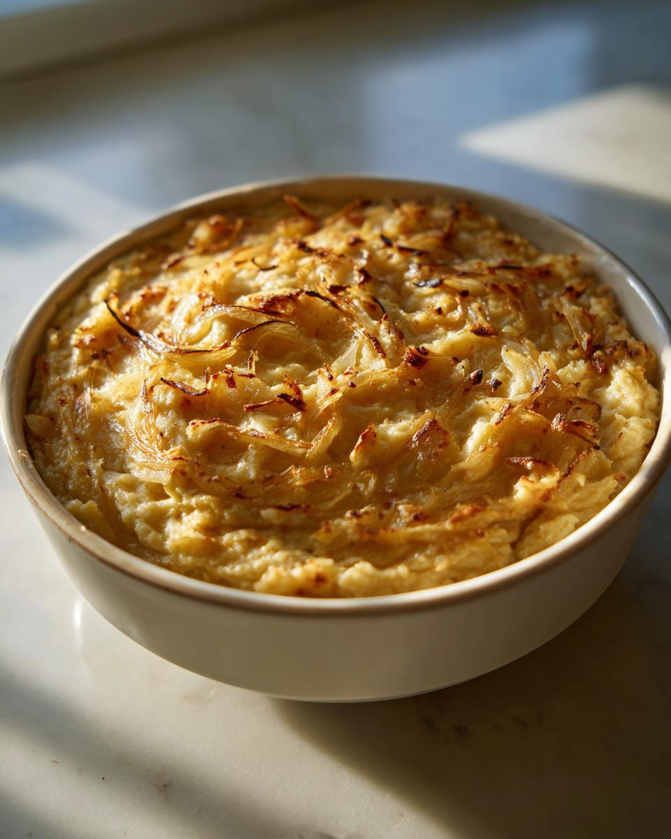 Close-up of creamy baked French Onion Dip topped with golden, caramelized onions in a white bowl.