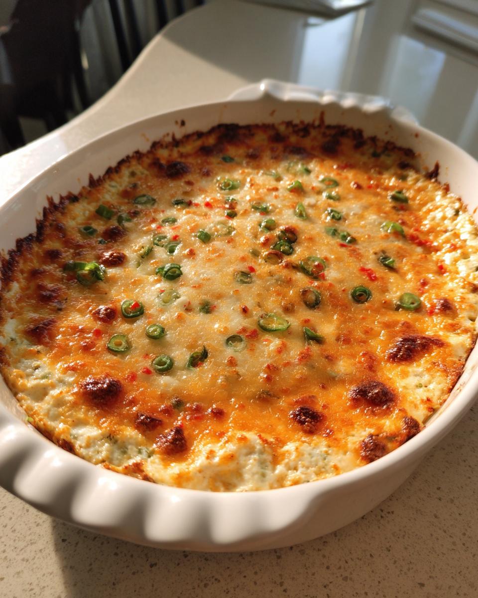 A freshly baked Jalapeno Popper Dip in a white dish, topped with melted, browned cheese and sliced green onions.