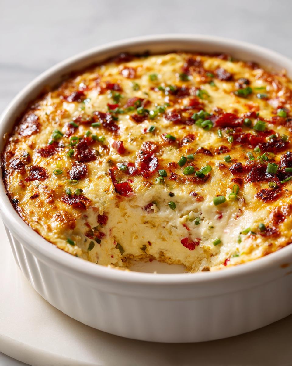 Close-up of baked Jalapeno Popper Dip in a white round dish, topped with bacon and chives.