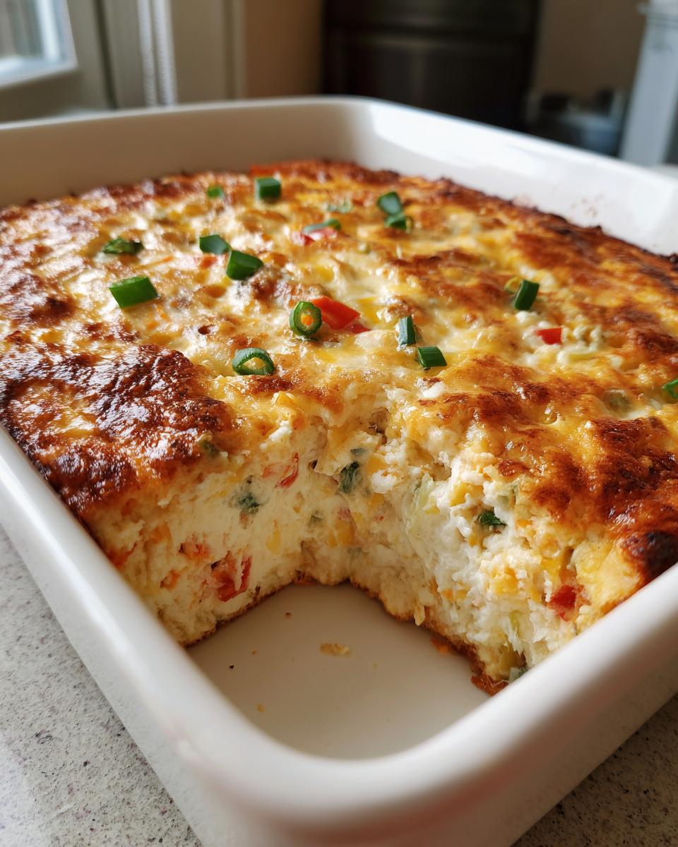 A freshly baked Jalapeno Popper Dip with a golden-brown cheesy top, showing a scoop removed.