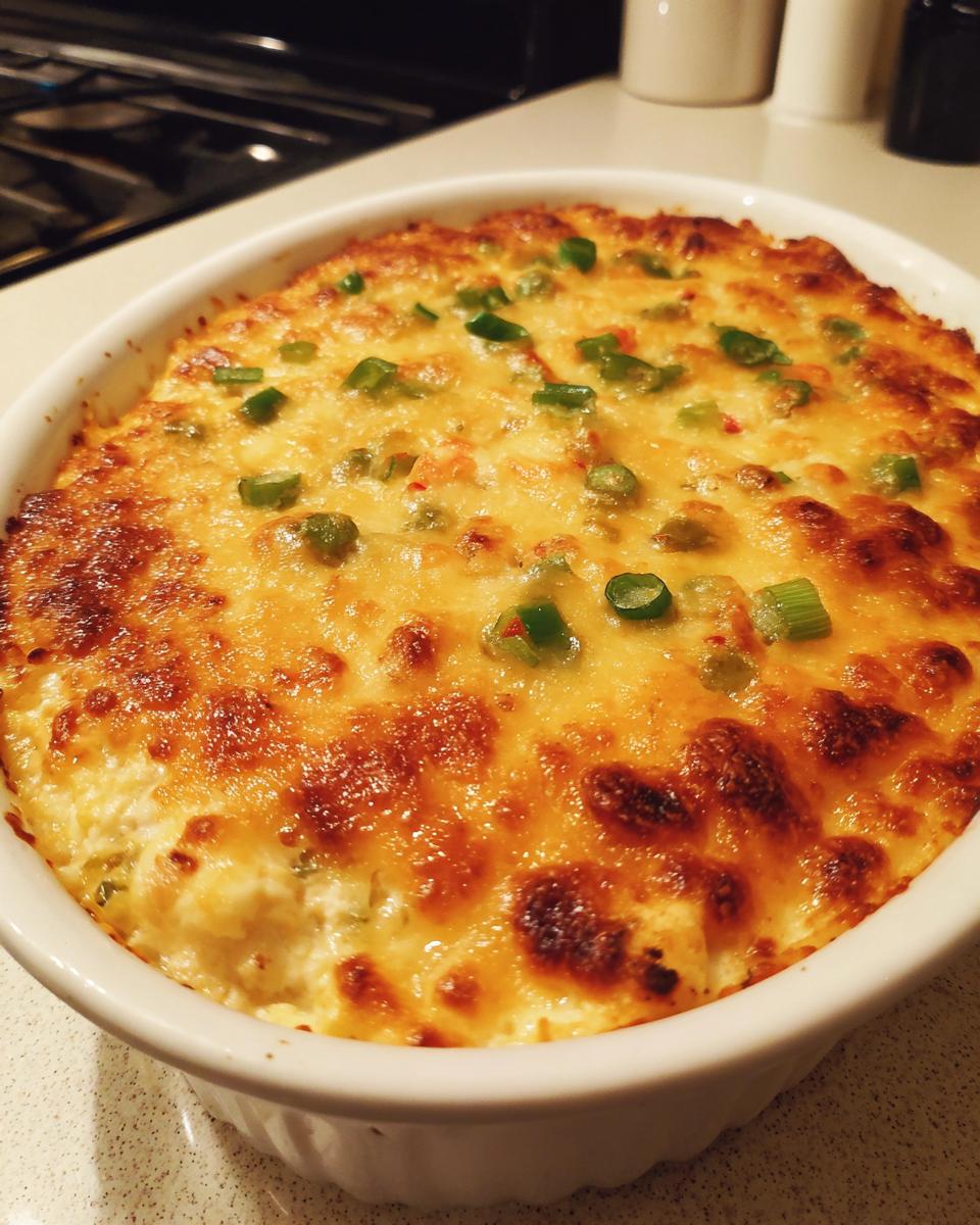 Close-up of a bubbly, baked Jalapeno Popper Dip topped with melted golden cheese and chopped green onions.