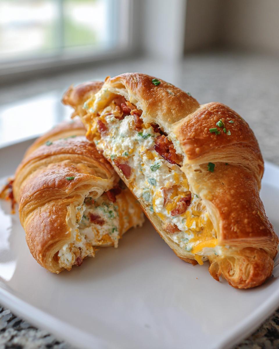 A baked jalapeno popper rolls filling stuffed inside a golden croissant, cut in half to show bacon and cheese.