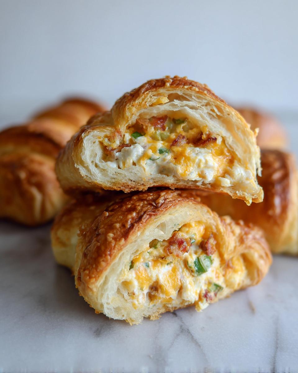 Close-up of a Baked Jalapeno Popper Rolls cut in half showing creamy cheese, bacon, and green peppers inside flaky pastry.