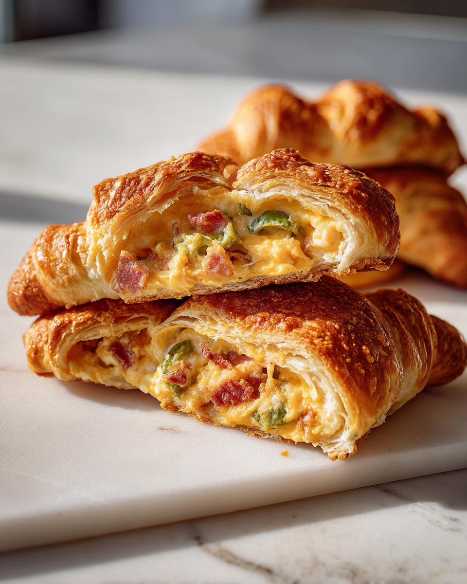 Two halves of a flaky croissant filled with cheesy, bacon, and jalapeno mixture, showing the interior of the Baked Jalapeno Popper Rolls.