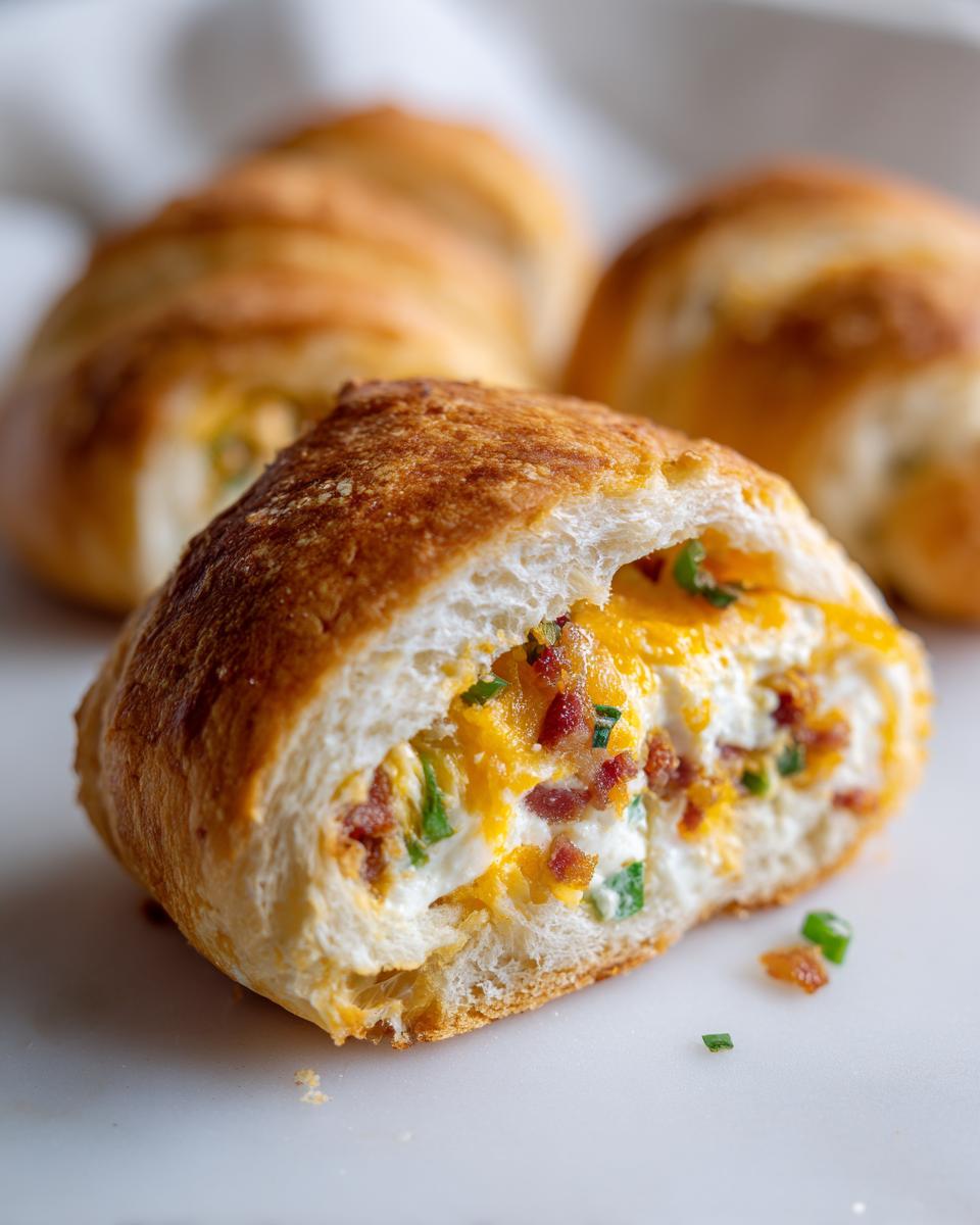 Close-up of a Baked Jalapeno Popper Rolls cut in half, showing cream cheese, cheddar, bacon, and chives filling.