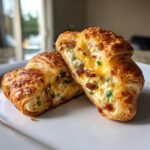 Two halves of a golden baked croissant filled with creamy cheese, bacon bits, and green onions, showing the interior of the Baked Jalapeno Popper Rolls.