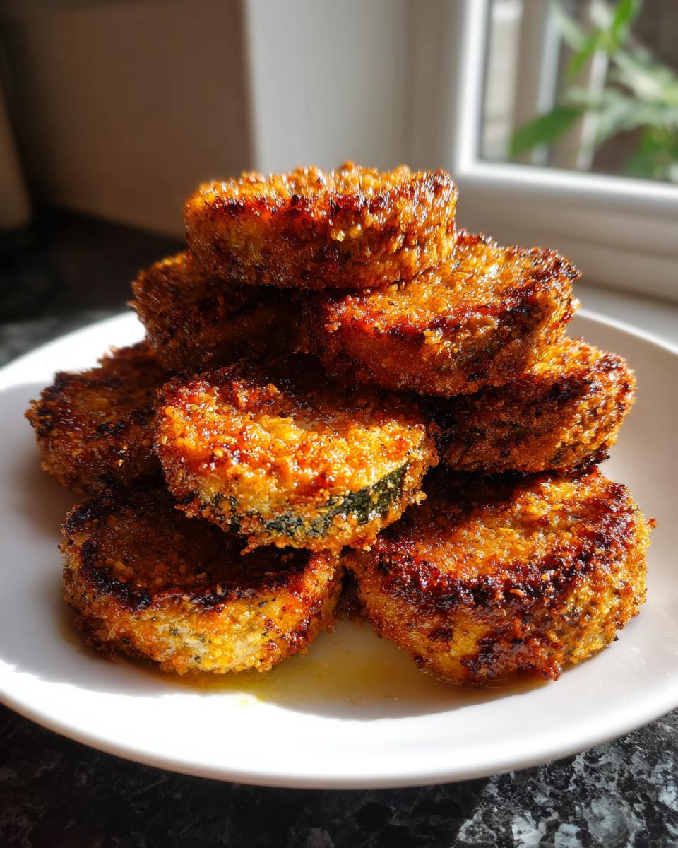 A stack of golden brown, crispy Baked Parmesan Zucchini rounds piled on a white plate.