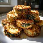 A stack of golden brown, crispy Baked Parmesan Zucchini slices piled high on a white plate.