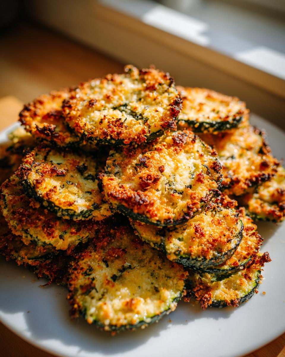 A close-up stack of golden brown, crispy Baked Parmesan Zucchini slices piled high on a white plate.