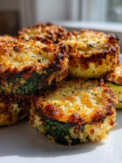 A stack of golden brown, crispy Baked Parmesan Zucchini rounds piled on a white plate.