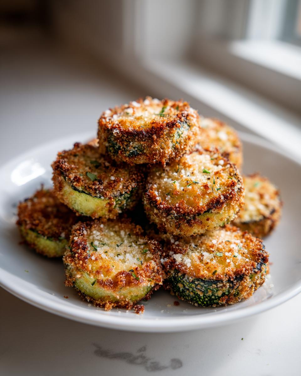 A stack of perfectly golden brown Baked Parmesan Zucchini slices sprinkled with grated cheese.