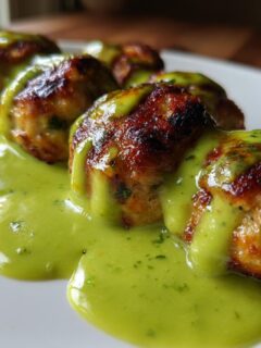 Close-up of golden brown Baked Salmon Meatballs drizzled generously with bright green Creamy Avocado Sauce.