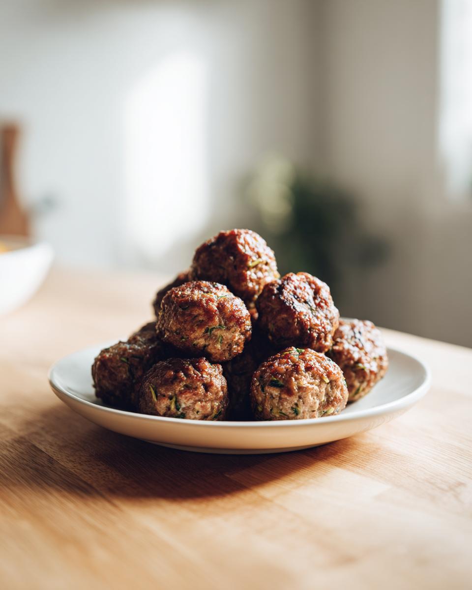 A mound of perfectly browned Baked Turkey Zucchini Meatballs stacked high on a small white plate.
