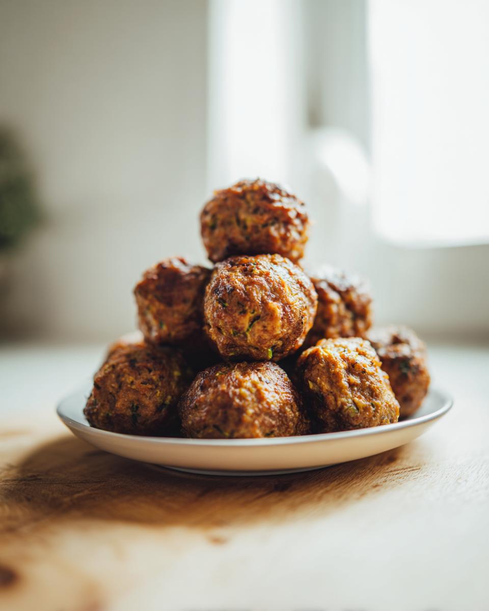 A small white plate stacked high with golden-brown Baked Turkey Zucchini Meatballs, sitting on a wooden surface.