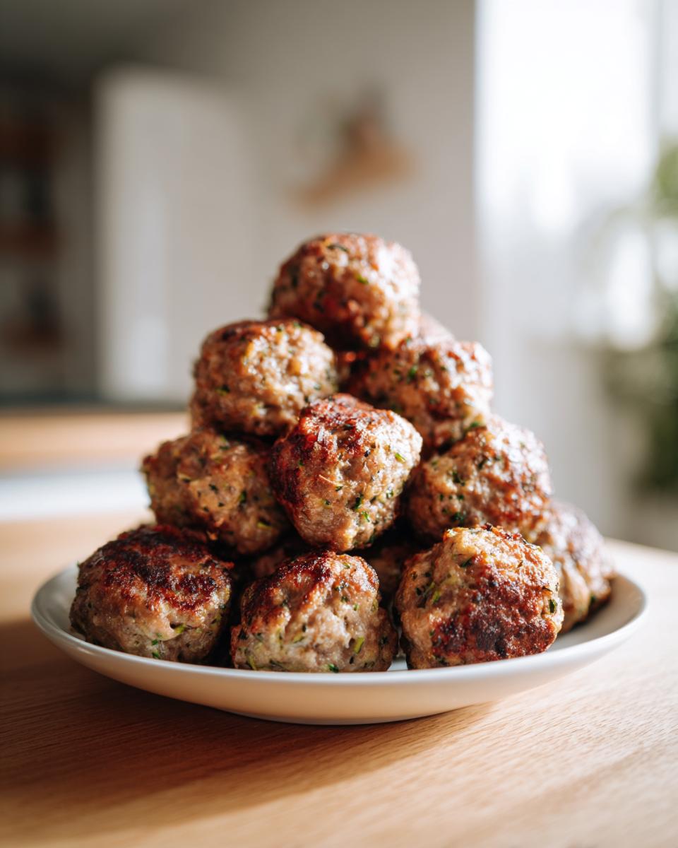 A close-up stack of freshly baked turkey zucchini meatballs piled high on a small white plate.
