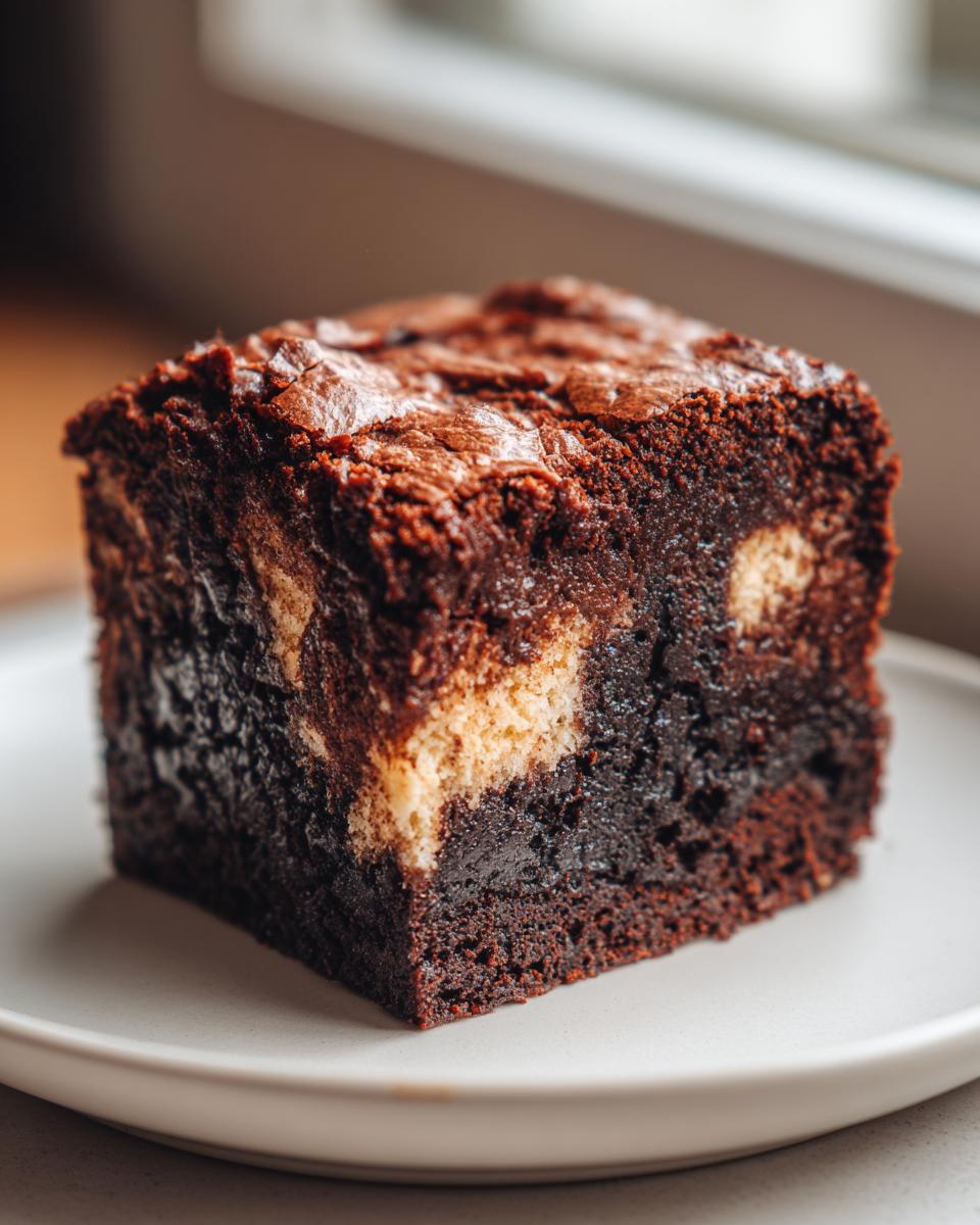 A single, fudgy square of Banana Bread Brownies with a visible banana swirl on a light plate.