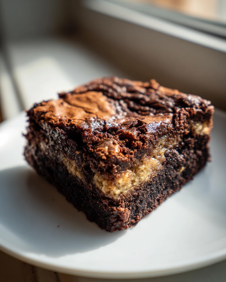 A rich, fudgy square of Banana Bread Brownies with a visible banana swirl layer, sitting on a white plate.