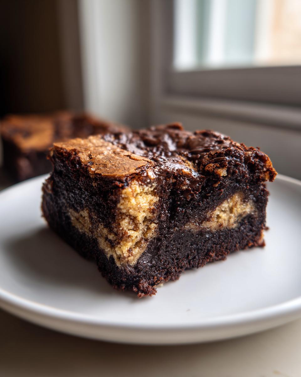 A rich, fudgy square of Banana Bread Brownies showing a distinct banana bread swirl baked inside the dark chocolate base.
