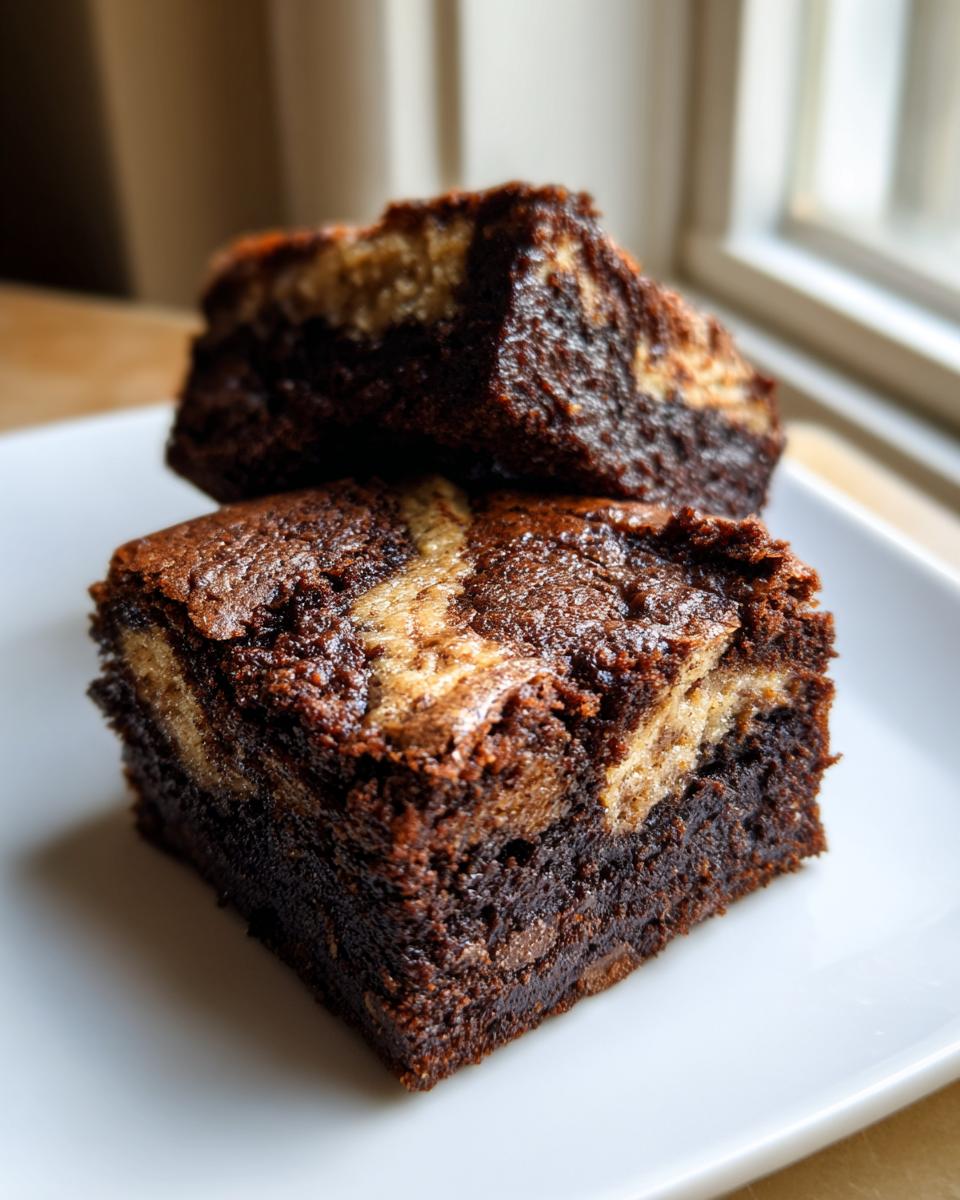 Close-up of two fudgy Banana Bread Brownies stacked on a white plate, showing a light banana swirl topping.