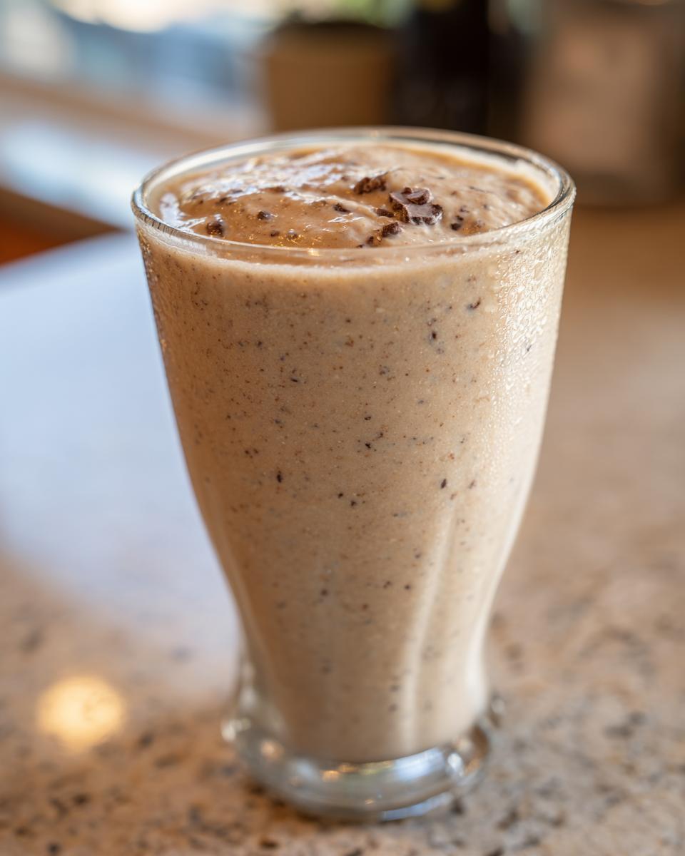 Close-up of a thick Banana Chip Smoothie topped with crushed pieces, served in a tall glass.