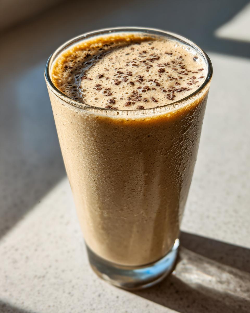 A tall glass filled with a thick, blended Banana Chip Smoothie, topped with chocolate shavings.