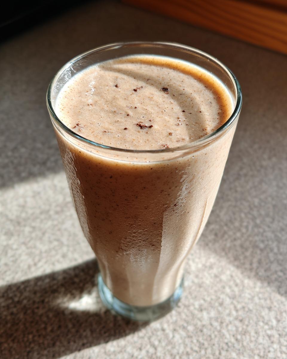 A tall glass filled with a creamy, light brown Banana Chip Smoothie, topped with small dark specks.