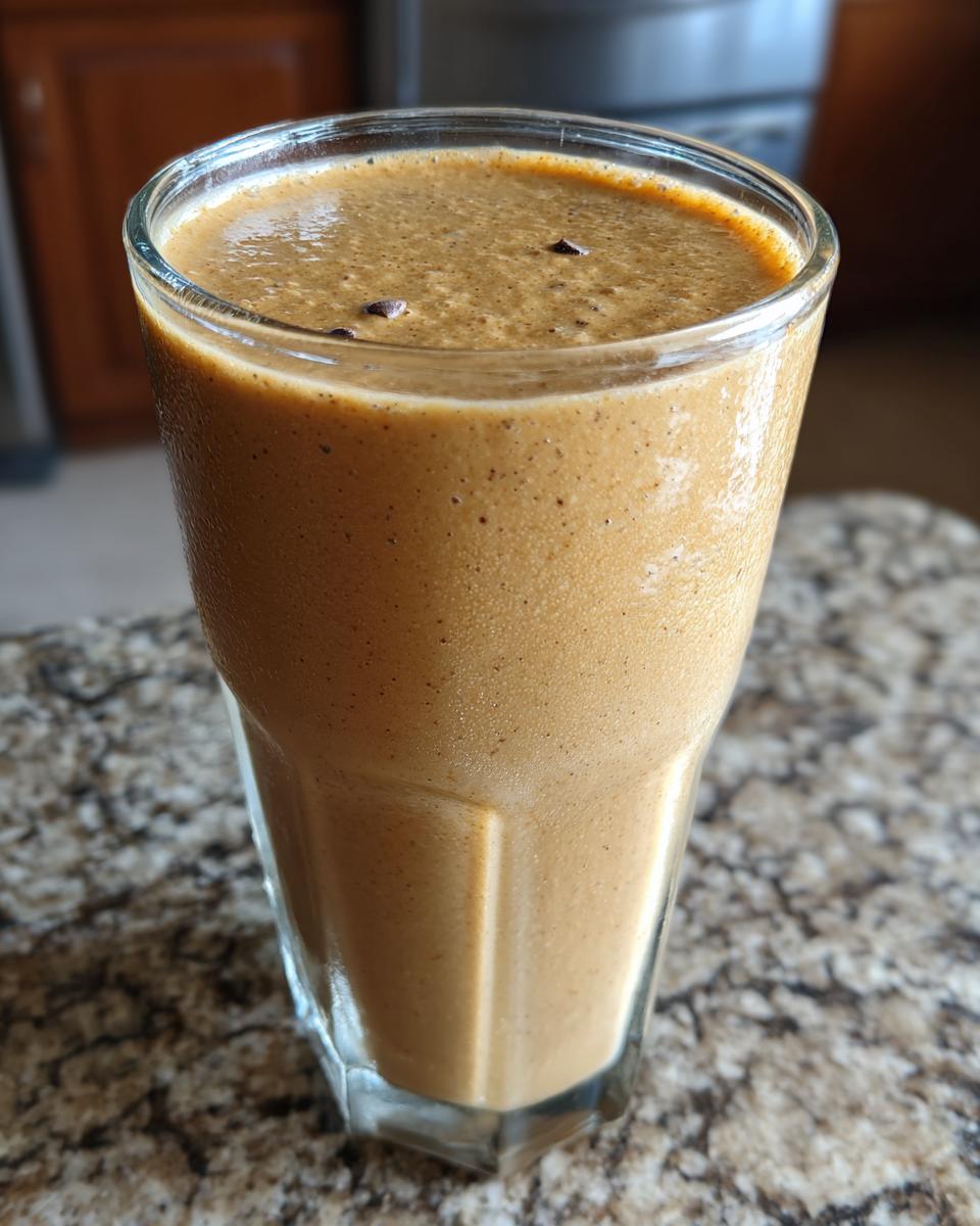 A close-up of a thick, light brown Banana Chip Smoothie in a tall glass, topped with small chocolate pieces.