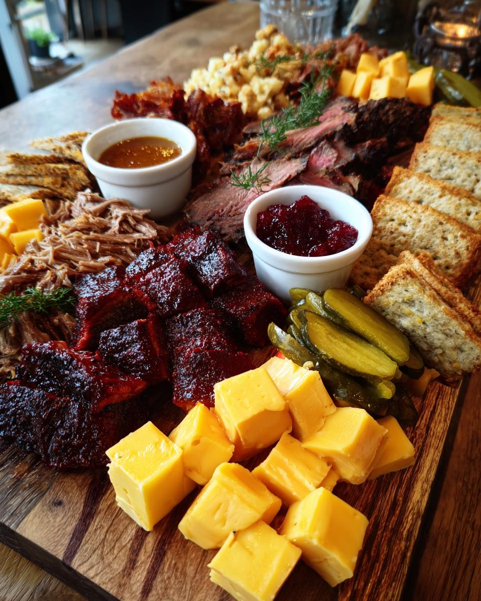 A stunning BBQ Charcuterie Board featuring smoked brisket, pulled pork, burnt ends, cubed cheddar cheese, pickles, and crackers.