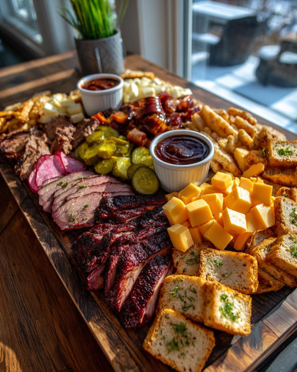 A large wooden board featuring a lavish BBQ Charcuterie Board with sliced smoked brisket, cheese cubes, pickles, and BBQ sauce.