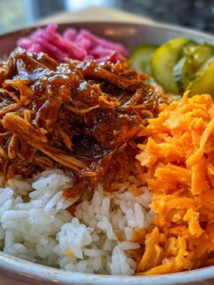 Close-up of BBQ Chicken Bowls With Sweet Potatoes Coleslaw Quick Pickles featuring shredded BBQ chicken over rice, shredded carrots, pickles, and pink pickled onions.