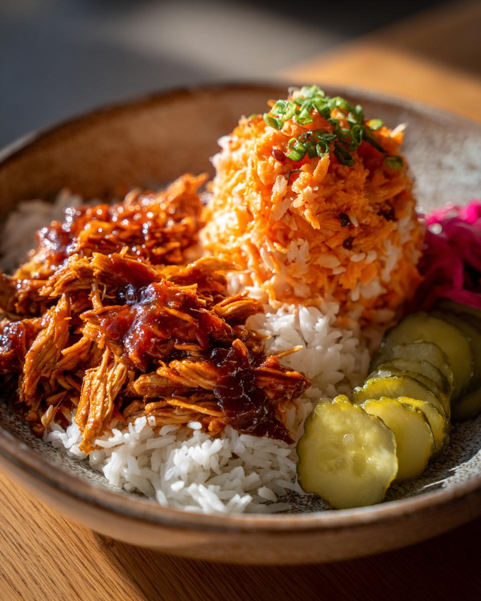 Close-up of BBQ Chicken Bowls With Sweet Potatoes Coleslaw Quick Pickles served over white rice in a rustic bowl.