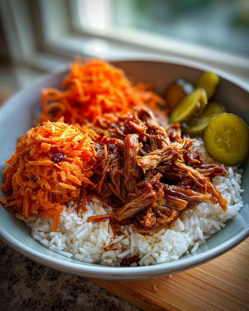 Close-up of a BBQ Chicken Bowls recipe featuring pulled BBQ chicken over white rice, topped with shredded carrot slaw and pickle slices.