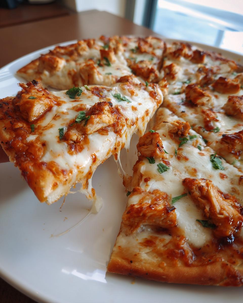 A slice of BBQ Chicken Flatbread Pizzas is being pulled away, showing a long, satisfying cheese pull over the rest of the pizza.